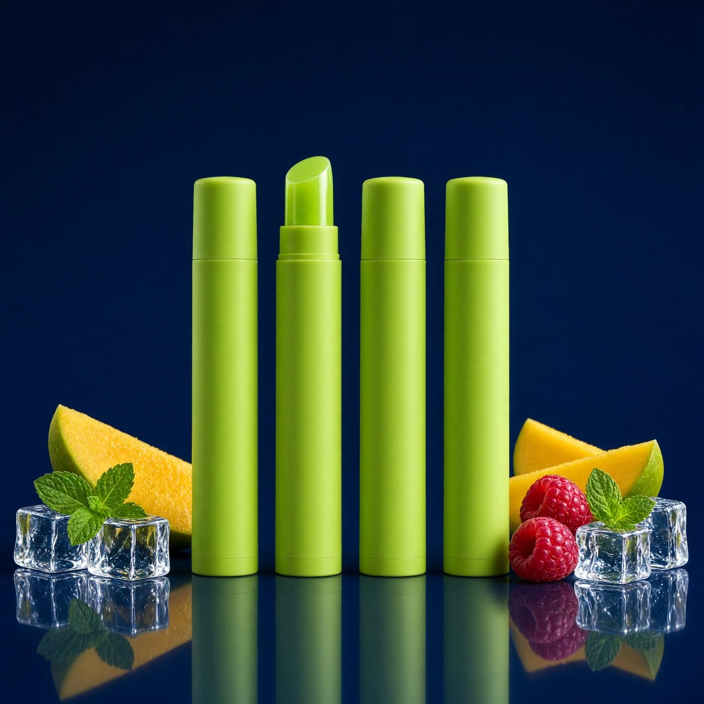 Four lime green SWIPE lip balm tubes with mango, mint and berries