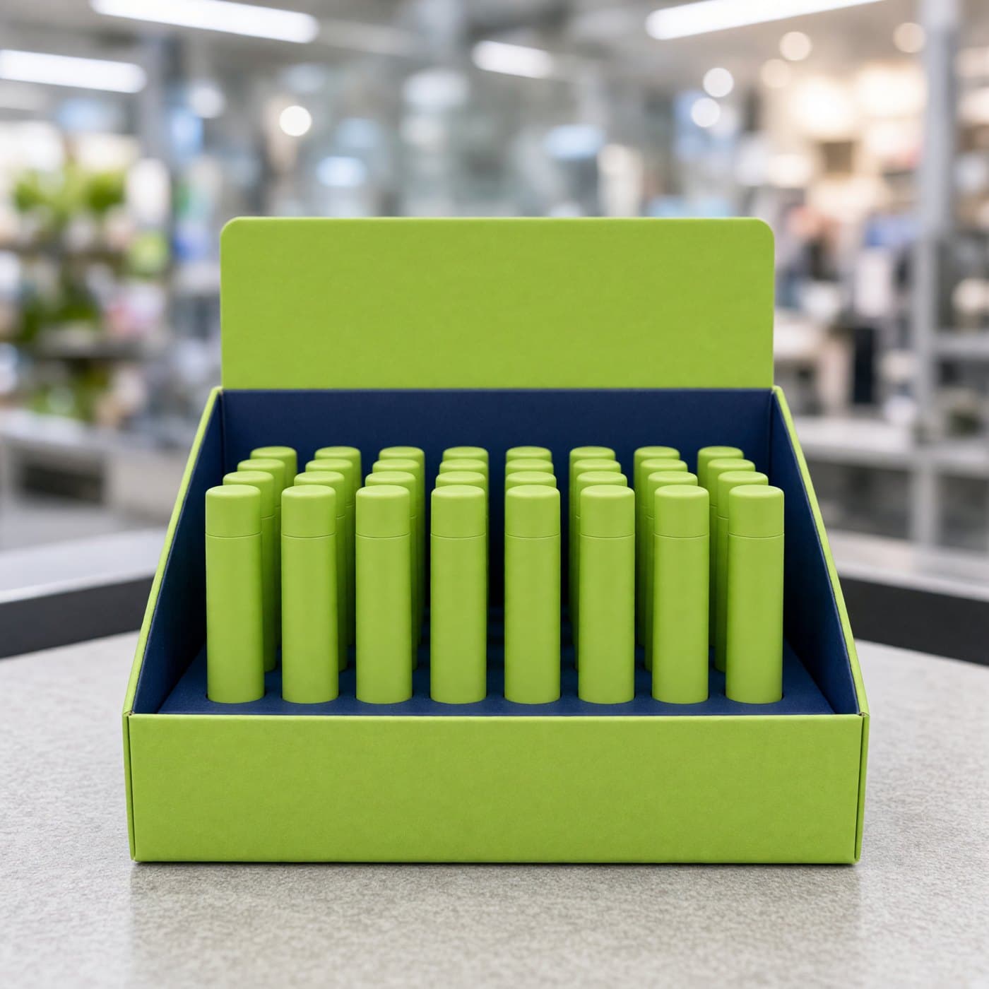 A lime green SWIPE countertop display box full of tubes at a store checkout